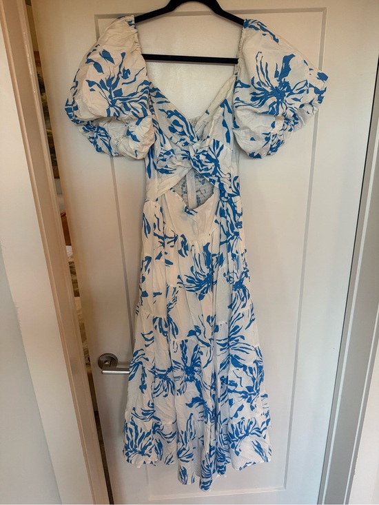 Petal & Pup Dresses & Skirts - Petal & Pup White Maxi Dress with Blue Floral Motif and Puff Sleeves